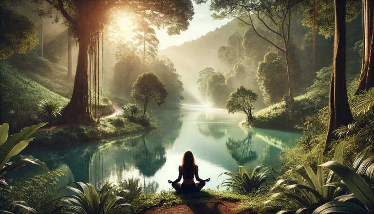 A serene natural landscape featuring a person meditating by a calm lake, surrounded by lush greenery and soft morning light, symbolizing natural anxiety relief and holistic wellness.