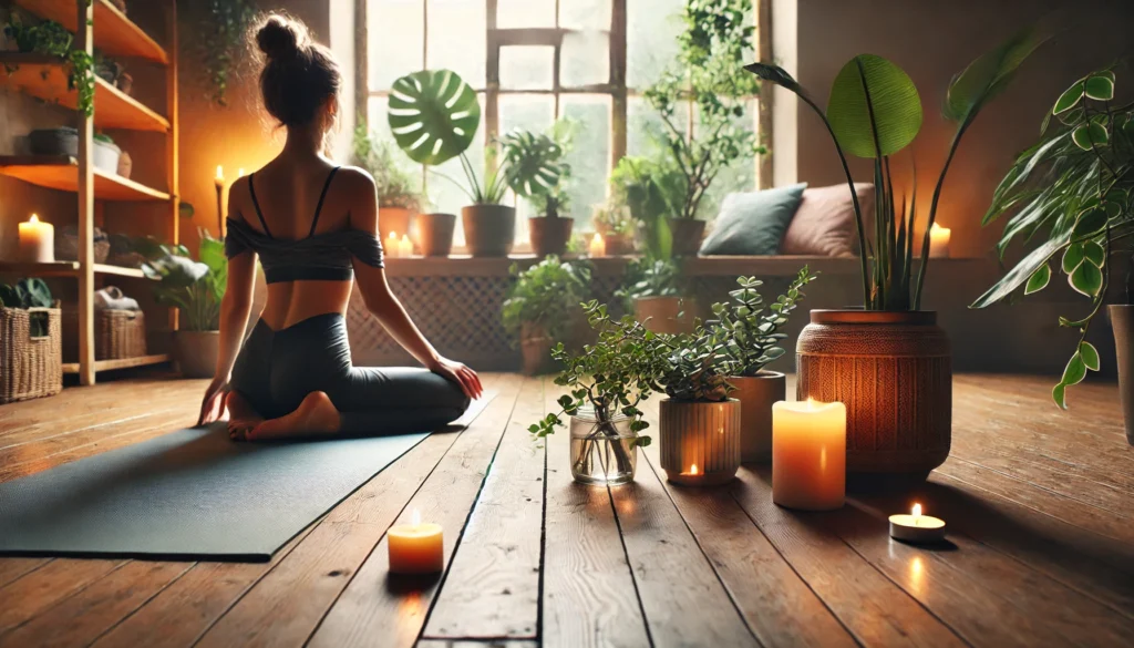 Can Muscle Relaxers Help with Anxiety? Exploring Natural Alternatives and Holistic Remedies 1 A calming indoor space with a woman practicing yoga on a wooden floor, surrounded by houseplants and warm candlelight, evoking relaxation and holistic methods for anxiety relief.