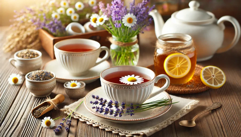 Can Muscle Relaxers Help with Anxiety? Exploring Natural Alternatives and Holistic Remedies 2 A cozy wooden table set with herbal tea cups featuring chamomile, lavender, and valerian root, with a softly blurred background creating a peaceful ambiance, representing natural remedies for anxiety relief