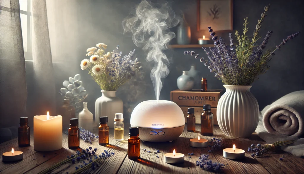 Can Muscle Relaxers Help with Anxiety? Exploring Natural Alternatives and Holistic Remedies 3 A tranquil aromatherapy setup with essential oil diffusers releasing a gentle mist, surrounded by lavender, chamomile, and eucalyptus oils in a softly lit room, exuding calmness and relaxation.
