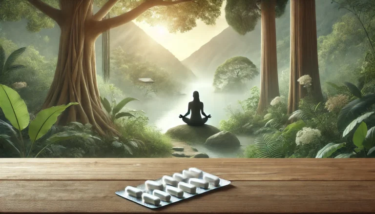 A peaceful outdoor setting with a person meditating in a natural environment, surrounded by soft lighting and calming colors, symbolizing relaxation and stress relief.