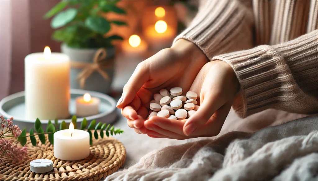 Best Anxiety and Stress Relief Tablets: How to Choose the Right One for You 1 A close-up of a person’s hand gently holding a few soft, neutral-colored tablets with a blurred background of candles and greenery, evoking a sense of relaxation and stress relief.