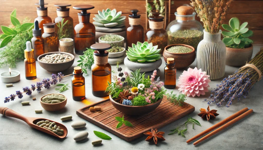 Best Anxiety and Stress Relief Tablets: How to Choose the Right One for You 2 A spa-like arrangement featuring essential oils, herbs, and supplement bottles in a soothing environment, representing holistic approaches to anxiety and stress relief.