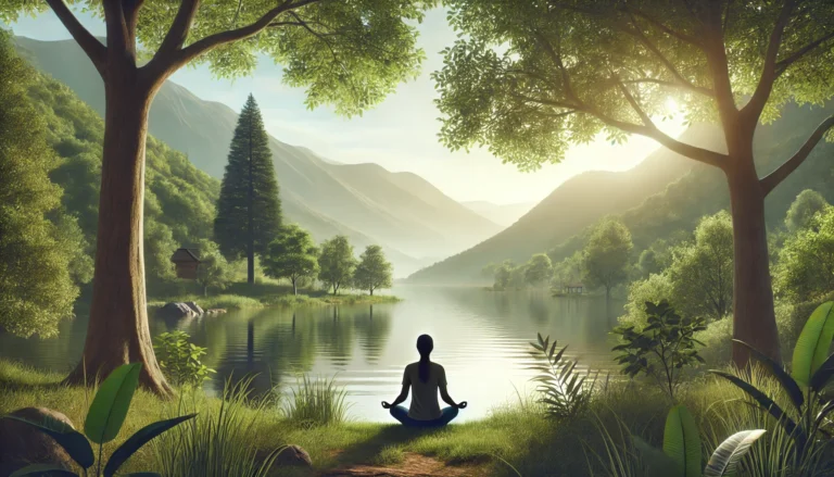 A person meditating by a calm lake, surrounded by lush greenery and distant mountains, with soft sunlight filtering through the trees.