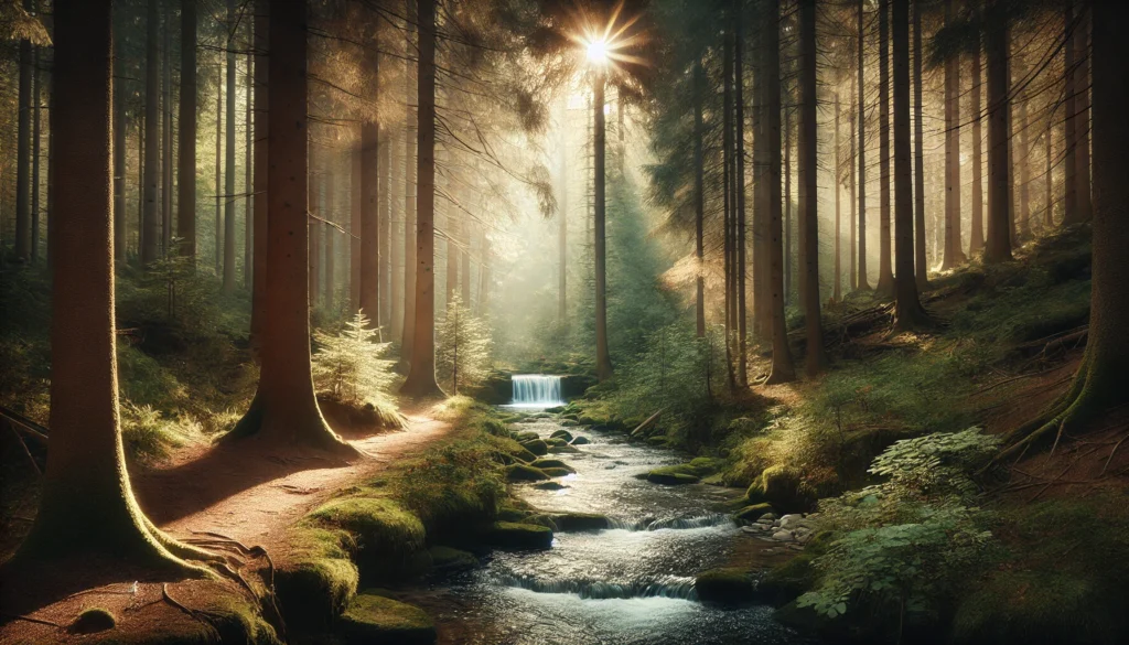 Holistic Anxiety Relief: Natural Ways to Ease Anxiety Without Medication 1 A tranquil forest path with dappled sunlight leading to a small waterfall, with a gentle stream enhancing the soothing atmosphere.