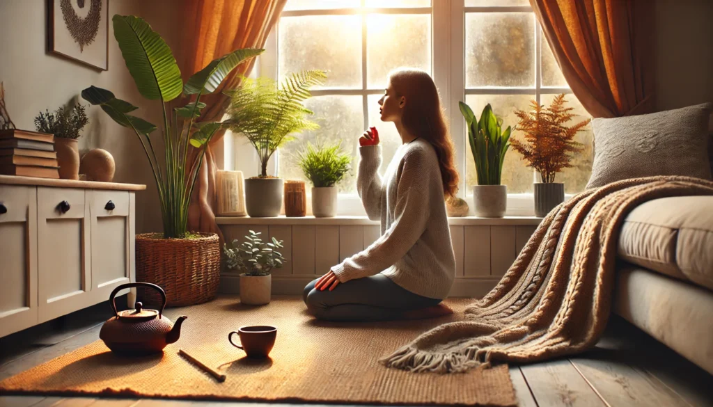 Holistic Anxiety Relief: Natural Ways to Ease Anxiety Without Medication 2 A person practicing deep breathing exercises near a sunlit window, accompanied by indoor plants and a cup of herbal tea.