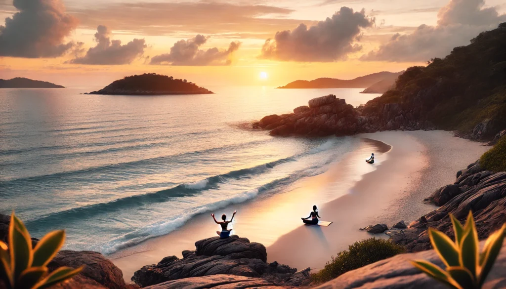 Holistic Anxiety Relief: Natural Ways to Ease Anxiety Without Medication 3 A quiet beach at sunset where a person is practicing yoga, with pastel skies and gentle waves creating a peaceful setting.
