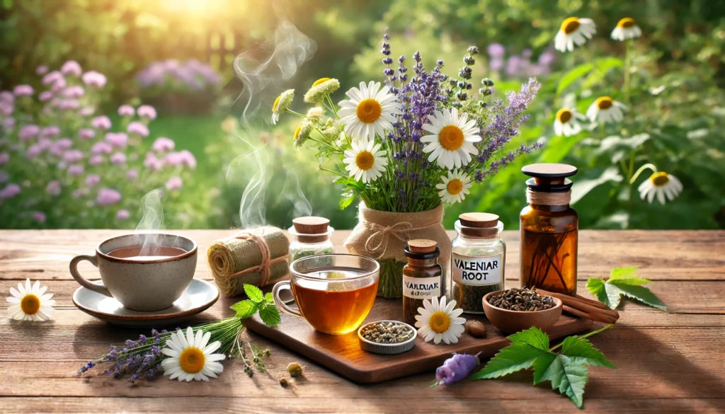 A serene natural setting featuring a wooden table displaying herbal remedies for anxiety relief, including chamomile flowers, lavender bundles, valerian root, passionflower extract, and a steaming cup of herbal tea, set against a soft-focus garden backdrop.