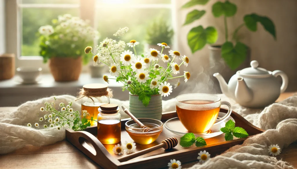 A peaceful home setting with a wooden tray holding a steaming cup of herbal tea, fresh chamomile flowers, a small jar of honey, and a glass bottle of herbal tincture, bathed in soft warm light from a nearby window with green plants in the background.