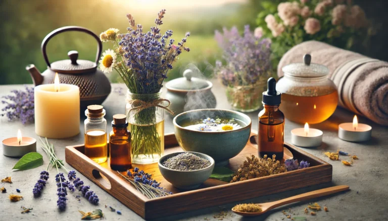 A tranquil spa-like scene featuring a wooden tray with essential oil bottles, a steaming bowl of herbal tea, fresh lavender sprigs, dried chamomile flowers, and an open jar of ashwagandha powder, illuminated by candlelight with a blurred nature view in the background.