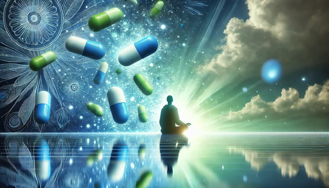 A conceptual representation of anxiety relief, featuring a tranquil blue and green abstract background with soft, glowing light effects, symbolizing calmness and mental clarity.
