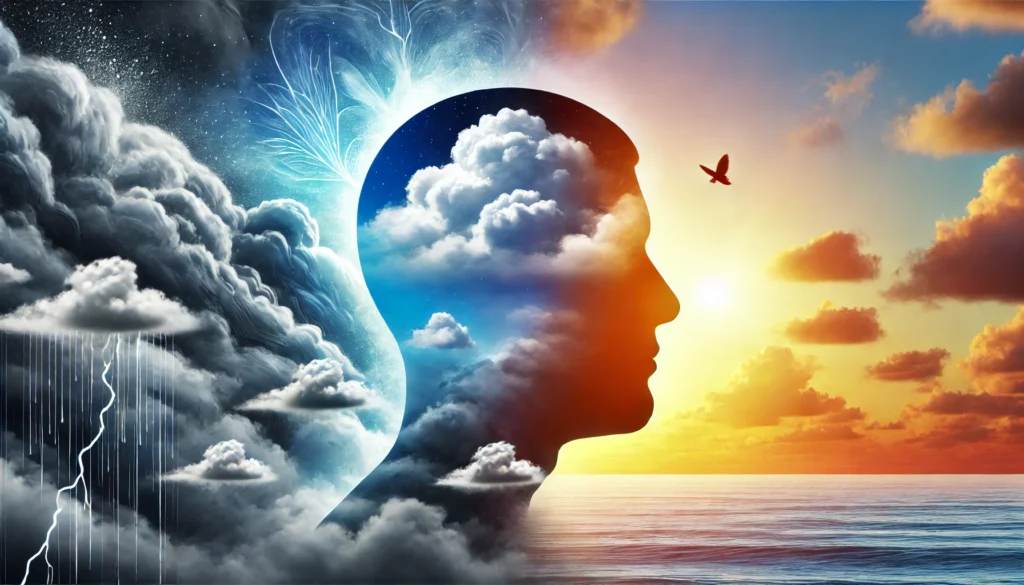 Anxiety Medications Starting with L: What You Should Know About Their Effects and Benefits 3 A conceptual transformation from a stormy mind to a peaceful, sunny sky, symbolizing anxiety relief and emotional well-being through medication.