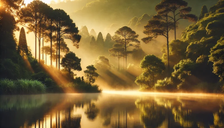 A tranquil lake surrounded by lush green trees with soft morning mist rising above the water. The golden sunrise reflects on the calm surface, creating a peaceful and relaxing atmosphere that symbolizes natural anxiety relief.
