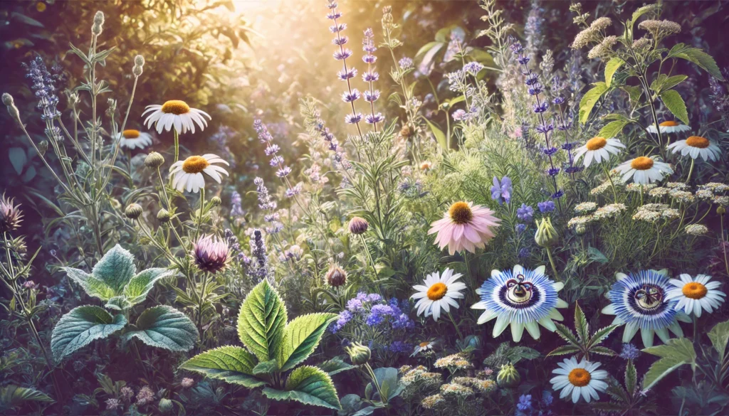 The Best Non-Benzodiazepine and Non-SSRI Anxiety Medications: Natural Alternatives for Calm and Balance 1 A lush herbal garden featuring blooming lavender, chamomile, and passionflower. Sunlight filters through the leaves, casting a gentle glow that evokes the healing and calming effects of natural anxiety remedies.