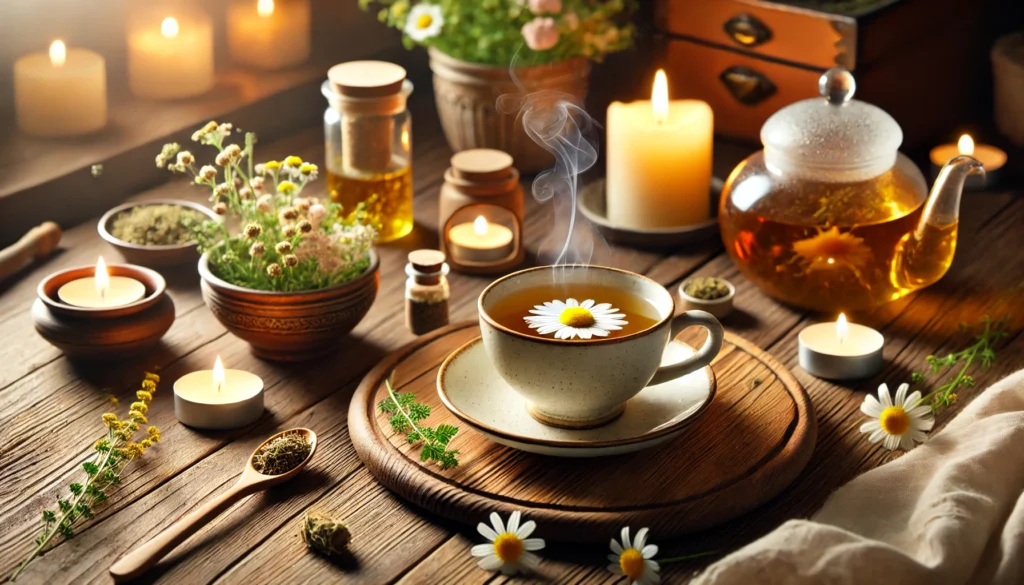 The Best Non-Benzodiazepine and Non-SSRI Anxiety Medications: Natural Alternatives for Calm and Balance 2 A warm and inviting tea ceremony setup with a steaming cup of herbal tea, made from natural anxiety-relieving ingredients like chamomile and lemon balm. The wooden table, soft candlelight, and cozy ambiance exude relaxation and calm.