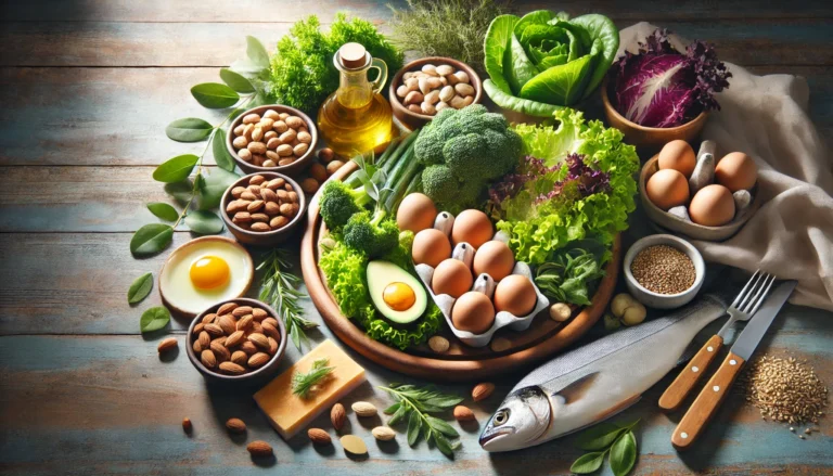 A vibrant display of vitamin B-rich foods, including leafy greens, eggs, nuts, and fish, arranged on a rustic wooden table with soft natural lighting. The scene conveys health, well-being, and nutrition for stress relief and mental wellness.