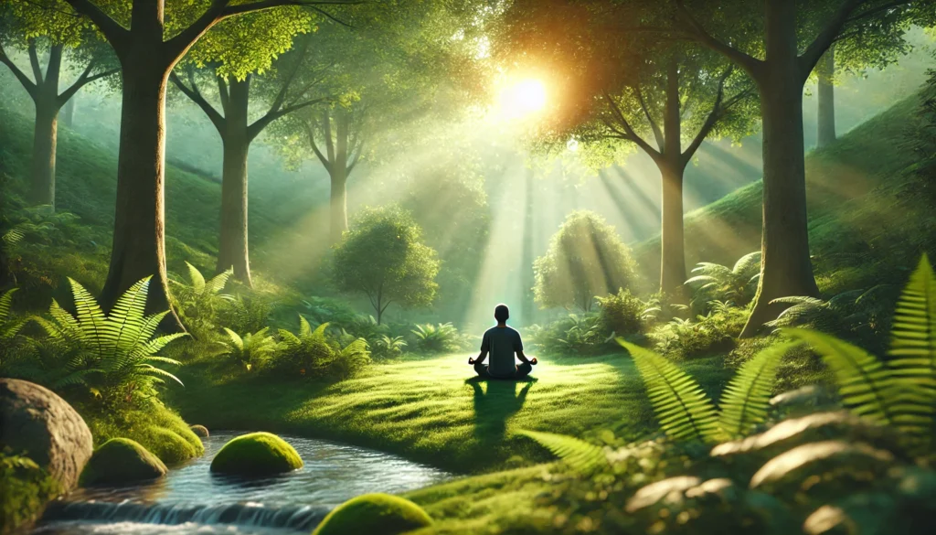 A person practicing mindfulness meditation in a tranquil outdoor setting, surrounded by lush green trees and soft sunlight. The peaceful atmosphere represents stress reduction, relaxation, and improved mental well-being.