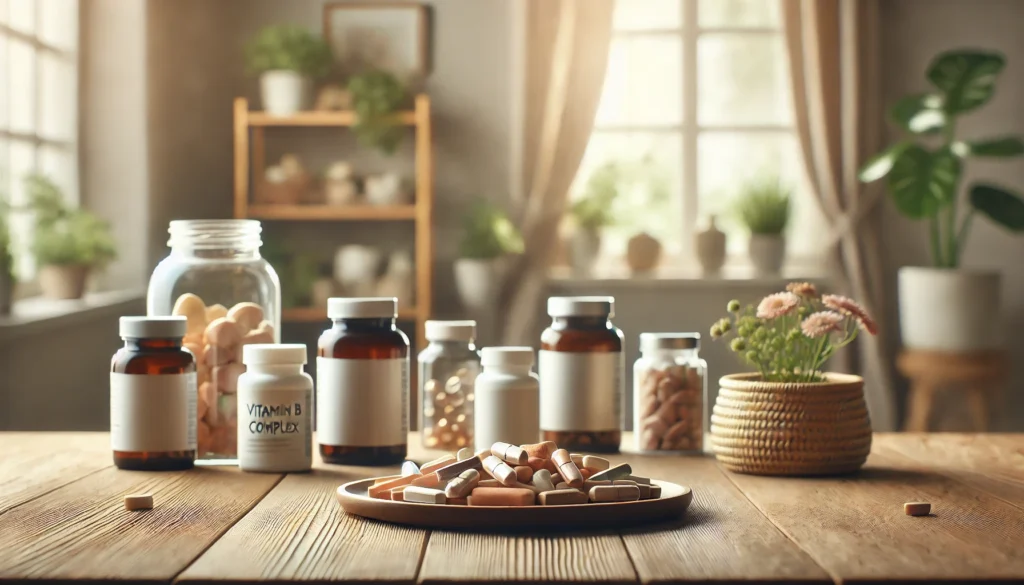 A close-up of a wooden table featuring neatly arranged vitamin B complex supplements in pill and capsule form. The background showcases a cozy home environment with natural light and green plants, evoking a sense of calm and health support.