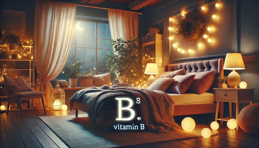 A cozy bedroom at night with soft ambient lighting and warm blankets, creating a peaceful and relaxing atmosphere. The scene symbolizes stress relief and improved sleep quality, reflecting the benefits of vitamin B for mental well-being.