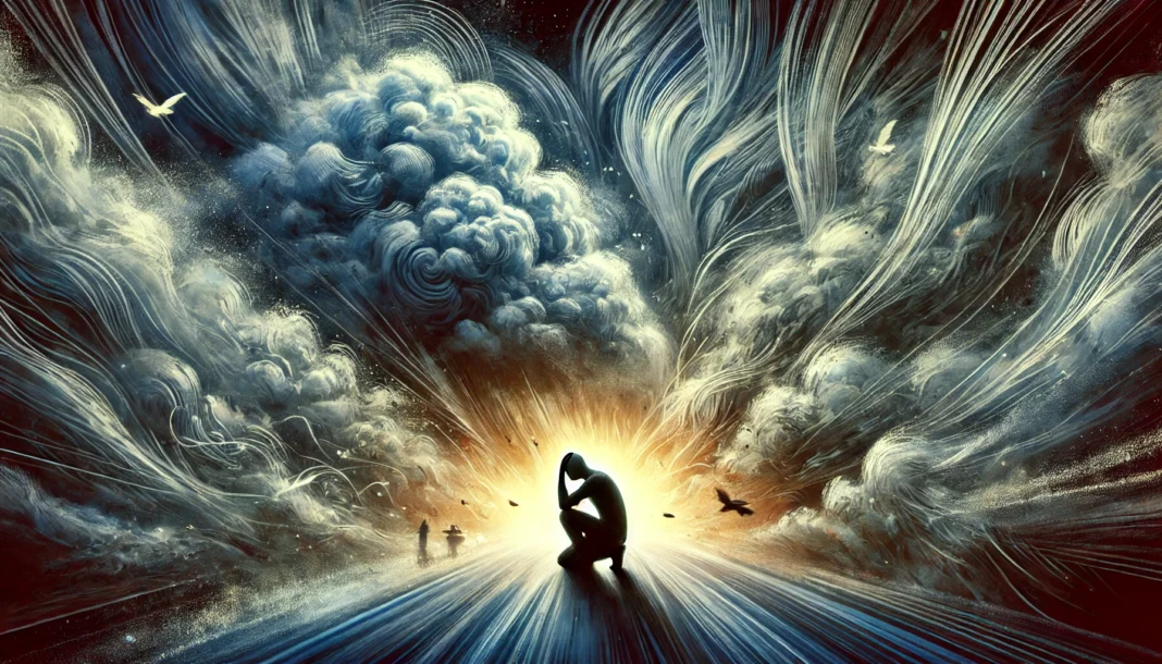 A conceptual illustration of a person experiencing anxiety, with a stormy, chaotic background. The individual holds their head in distress while a soft, glowing light in the distance symbolizes potential relief from stress and panic.