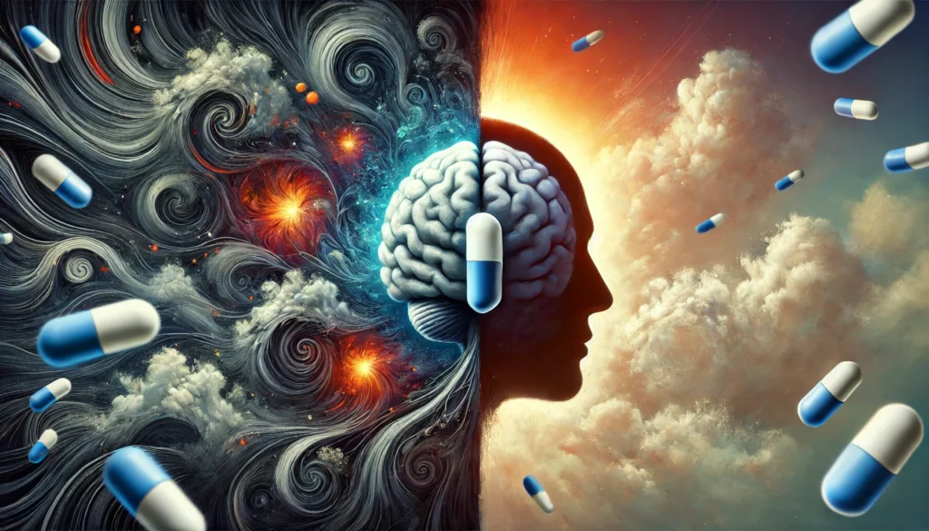 Does Benadryl Help with Anxiety? Exploring the Role of Antihistamines in Stress and Panic Management 1 An artistic representation of antihistamines' effects on anxiety. A human brain is split into two halves—one side filled with dark, swirling chaos representing stress, while the other is calm and illuminated, symbolizing relief. A pill-shaped transition connects the two halves.