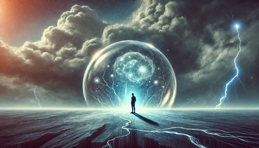 Does Benadryl Help with Anxiety? Exploring the Role of Antihistamines in Stress and Panic Management 2 A surreal scene depicting anxiety relief through antihistamines. A person stands in a stormy landscape, surrounded by a glowing, translucent bubble that shields them from distress, symbolizing the calming effect of medication on panic and stress.