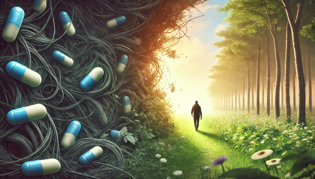 Does Benadryl Help with Anxiety? Exploring the Role of Antihistamines in Stress and Panic Management 3 A metaphorical representation of antihistamines easing anxiety. A person walks from a dark, tangled forest into a bright, sunlit meadow, symbolizing the transition from stress and worry to calmness and relief after taking medication