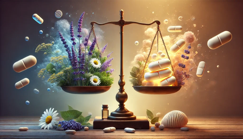 Best Benzodiazepines for Anxiety: Understanding Their Role, Risks, and Natural Alternatives 1 A balanced scale with calming herbs on one side and abstract glowing pills on the other, illustrating the role of benzodiazepines in anxiety treatment and natural alternatives.