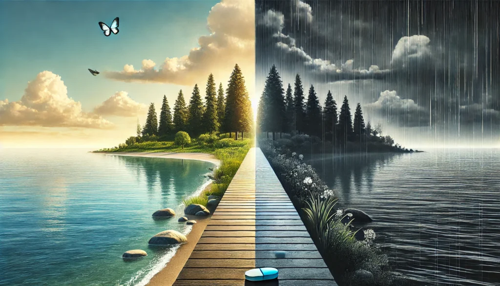 Best Benzodiazepines for Anxiety: Understanding Their Role, Risks, and Natural Alternatives 2 A divided pathway, with one side showing a serene natural environment and the other a shadowy, stormy landscape, symbolizing the benefits and risks of benzodiazepines.