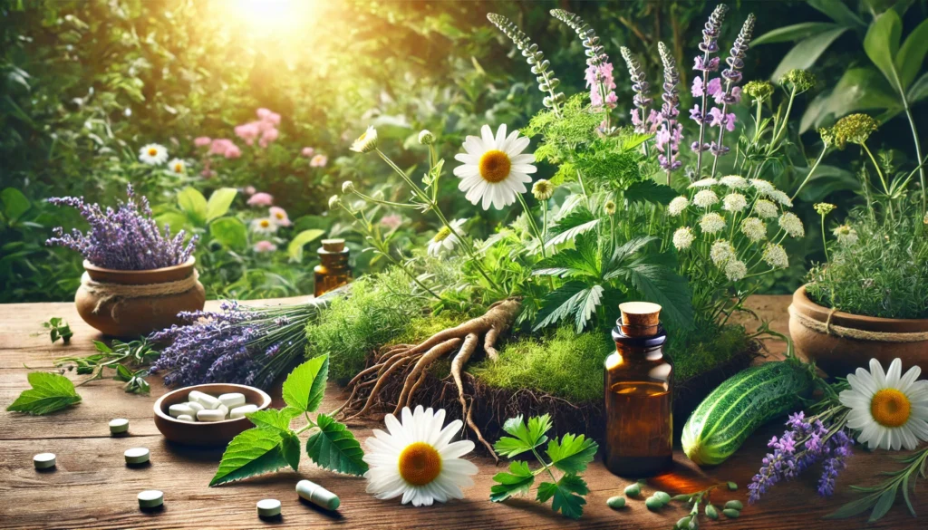 Best Benzodiazepines for Anxiety: Understanding Their Role, Risks, and Natural Alternatives 3 A lush herbal garden with chamomile, valerian root, and lavender bathed in warm sunlight, representing natural alternatives for anxiety relief.