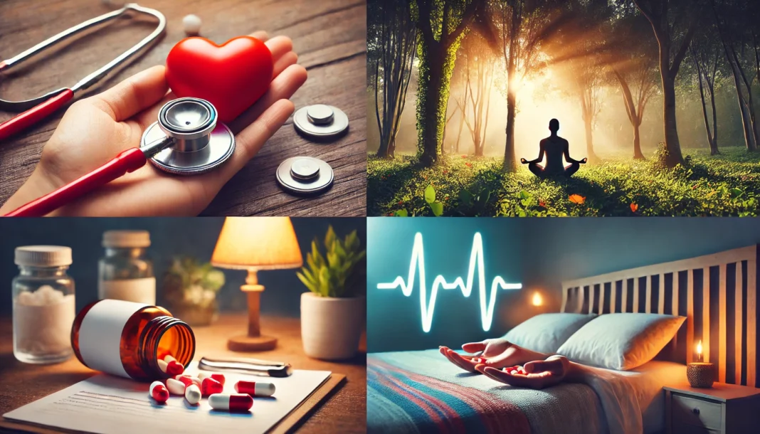 A heart-shaped stethoscope rests on a wooden table, symbolizing heart health and medical care, with a blurred prescription pill bottle in the background