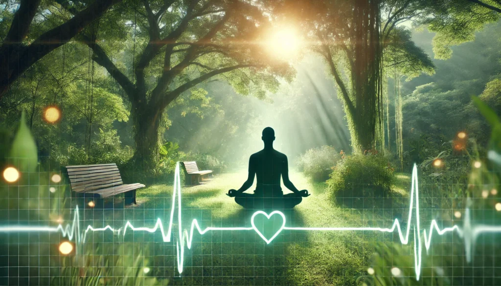 Best Blood Pressure Medication for Anxiety: Safe Options for Heart Patients 1 A person meditating in a lush green park bathed in warm sunlight, symbolizing relaxation and anxiety relief, with a faint heartbeat line blending into nature