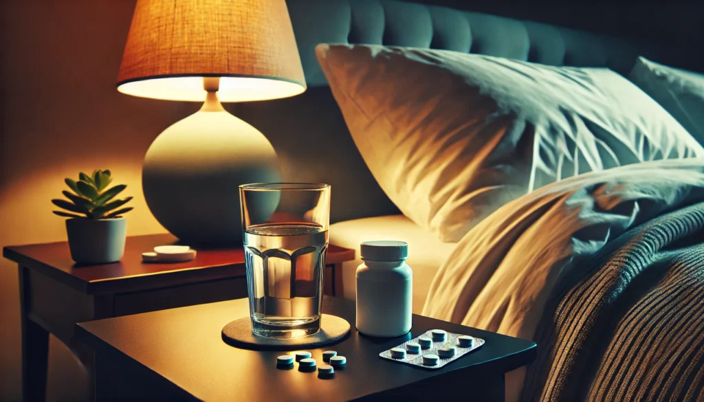 Best Blood Pressure Medication for Anxiety: Safe Options for Heart Patients 3 A cozy bedroom setting with a bedside table holding a glass of water and a few pills, illuminated by a warm lamp, symbolizing safe nighttime medication for heart patients