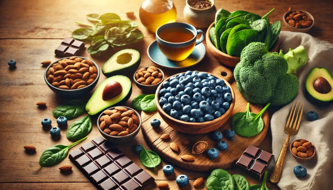 Flat-lay of anxiety-relieving foods including blueberries, avocados, almonds, leafy greens, dark chocolate, and a steaming cup of green tea on a wooden table in soft natural light.