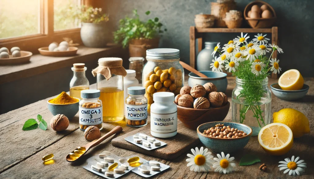 Natural supplement scene with omega-3 capsules, turmeric, magnesium tablets, walnuts, chamomile flowers, and lemon water on a rustic kitchen counter with warm sunlight.