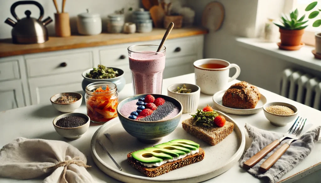 Mental wellness breakfast with a smoothie bowl topped with chia seeds and berries, avocado toast, kimchi, and herbal tea set in a bright, minimalist kitchen.