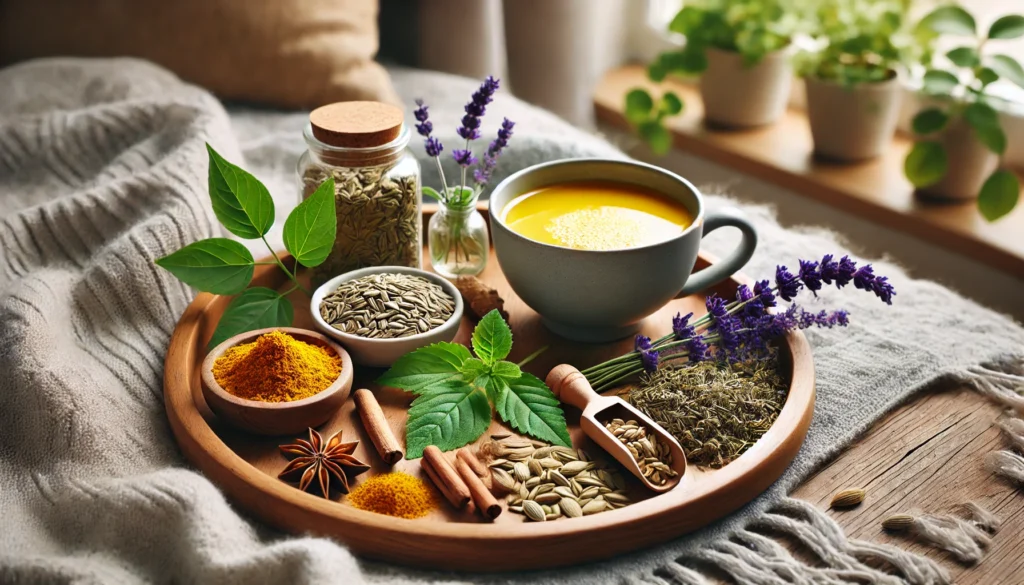 Calming setup of adaptogenic herbs, golden milk with turmeric, lavender, and a bowl of seeds and dried berries on a wooden tray near a cozy window with greenery.