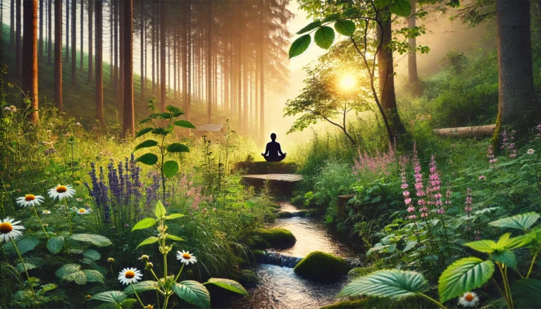 Person meditating near a peaceful forest stream at sunrise, surrounded by wild herbs like chamomile, lavender, and lemon balm, symbolizing natural stress relief.