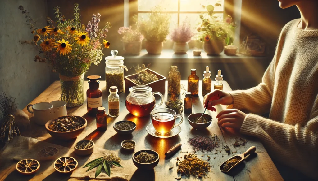 Cozy indoor scene with warm sunlight and a person preparing herbal tea using St. John’s Wort, passionflower, and valerian root, representing natural remedies for mental wellness.