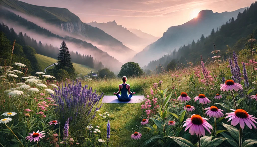 Natural Alternatives to Medication for Anxiety and Depression: Can Herbal Remedies Help Manage Symptoms Safely? 2 Individual practicing yoga in a serene mountain meadow with blooming echinacea, lavender, and ashwagandha, illustrating nature-based methods for anxiety and depression relief.