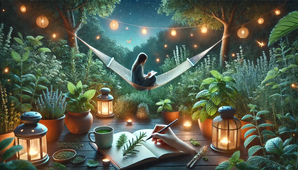 Natural Alternatives to Medication for Anxiety and Depression: Can Herbal Remedies Help Manage Symptoms Safely? 3 Twilight garden scene with a person journaling in a hammock, surrounded by rosemary, basil, and peppermint, reflecting emotional healing through herbal and holistic practices.