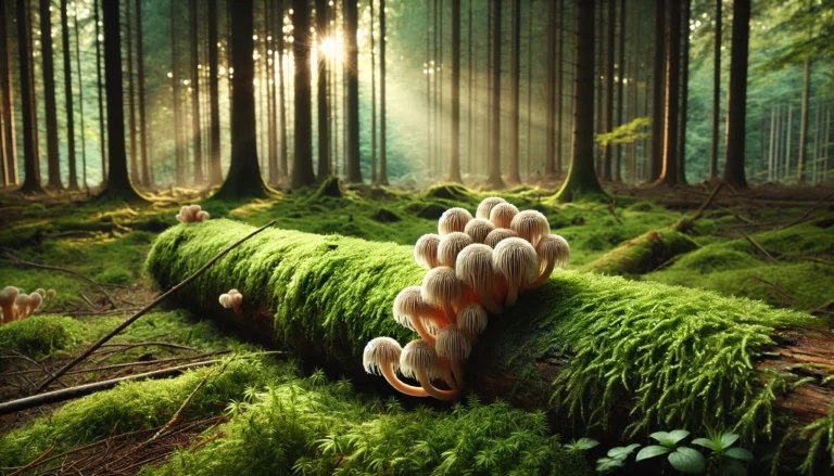 A serene forest floor with sunlight filtering through trees, featuring clusters of lion’s mane mushrooms growing on a fallen log, symbolizing natural healing and mental wellness.
