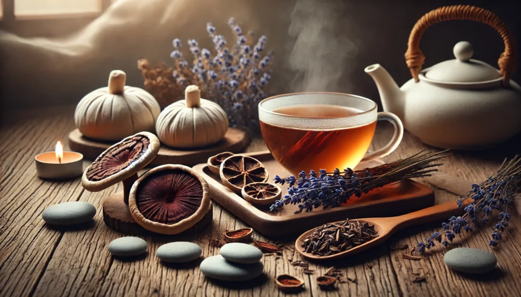 Exploring the Best Mushrooms for Depression and Anxiety Relief: Natural Adaptogens Backed by Emerging Science 1 A peaceful still life scene with reishi mushrooms, herbal teas, and calming natural elements like lavender and stones, evoking relaxation and holistic mental health support.