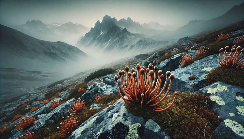 Exploring the Best Mushrooms for Depression and Anxiety Relief: Natural Adaptogens Backed by Emerging Science 2 Cordyceps mushrooms growing in a high-altitude, misty mountain environment, illustrating their adaptogenic strength and energy-enhancing properties in mental health support.
