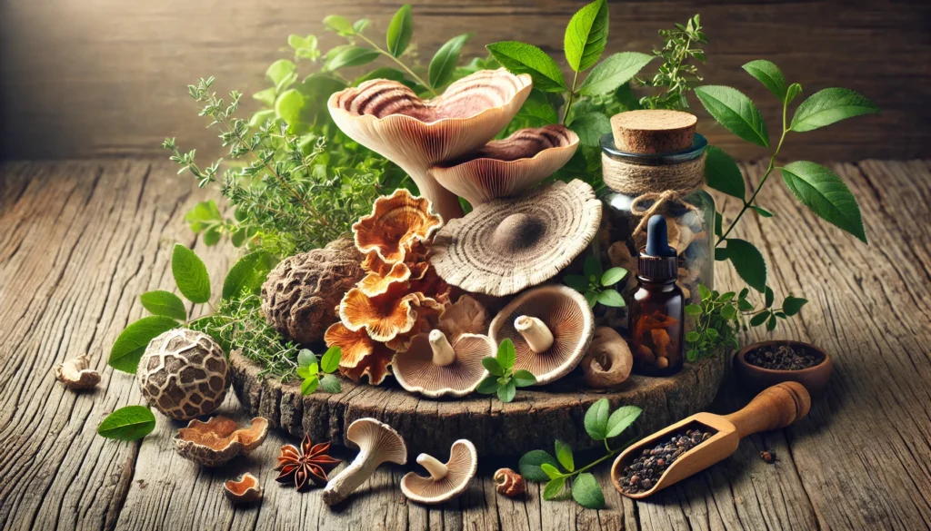 Exploring the Best Mushrooms for Depression and Anxiety Relief: Natural Adaptogens Backed by Emerging Science 3 A close-up of various medicinal mushrooms like turkey tail, chaga, and lion’s mane artfully arranged on a wooden table with green leaves, representing natural remedies for depression and anxiety.