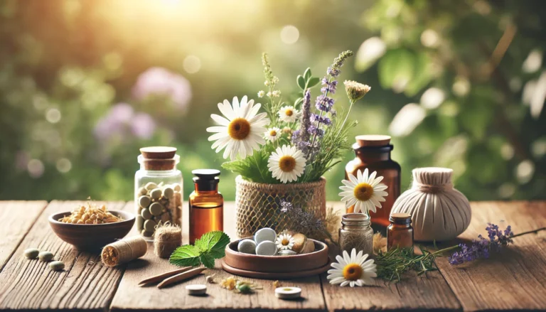 Herbal stress relief supplements including chamomile, ashwagandha, lavender, and passionflower displayed on a wooden table in a serene, spa-like natural setting. Image 2