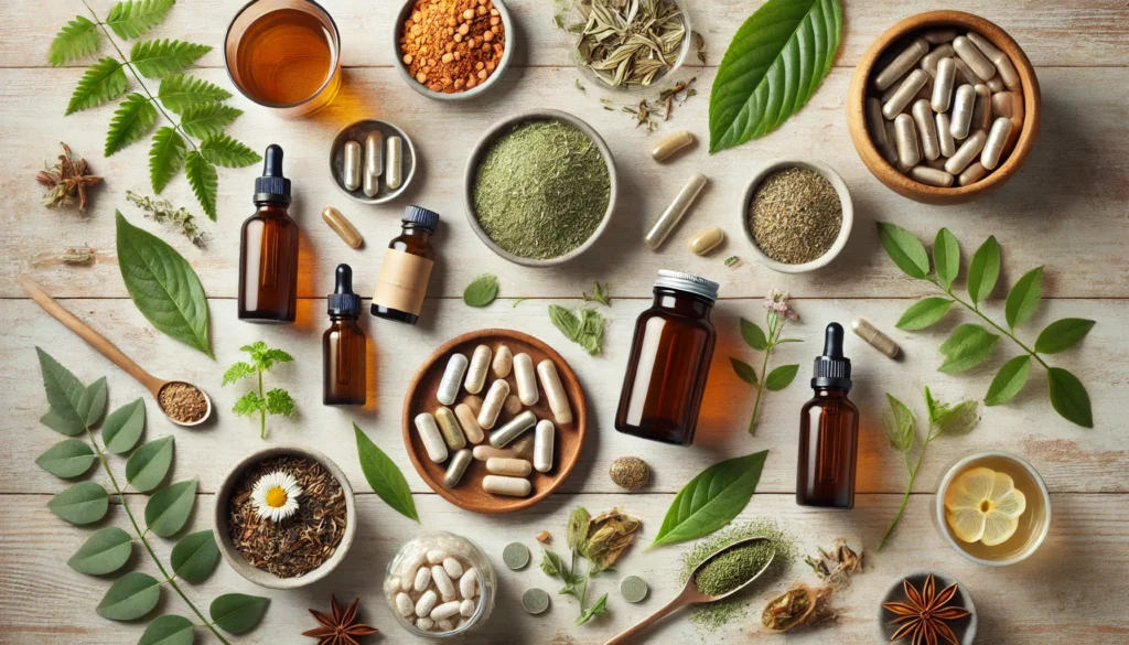 Best Vitamins for Stress and Anxiety: Herbal Remedies and Holistic Supplements for Natural Relief 2 Flat-lay of holistic supplements for anxiety relief with herbal capsules, tinctures, magnesium powder, and adaptogens on a light wood surface, surrounded by calming natural elements.