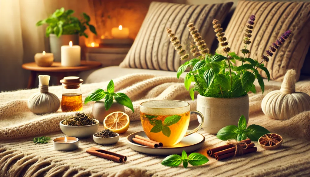 Best Vitamins for Stress and Anxiety: Herbal Remedies and Holistic Supplements for Natural Relief 1 Cozy indoor wellness scene featuring a warm cup of herbal tea, valerian root, holy basil, and lemon balm, set against soft pillows, a blanket, and candlelight for relaxation.