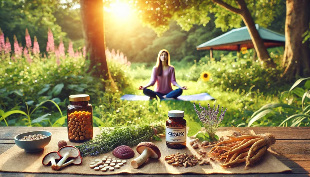 Best Vitamins for Stress and Anxiety: Herbal Remedies and Holistic Supplements for Natural Relief 3 Outdoor meditation scene with a person practicing yoga surrounded by ginseng, reishi mushrooms, and lavender in lush greenery and warm natural sunlight.