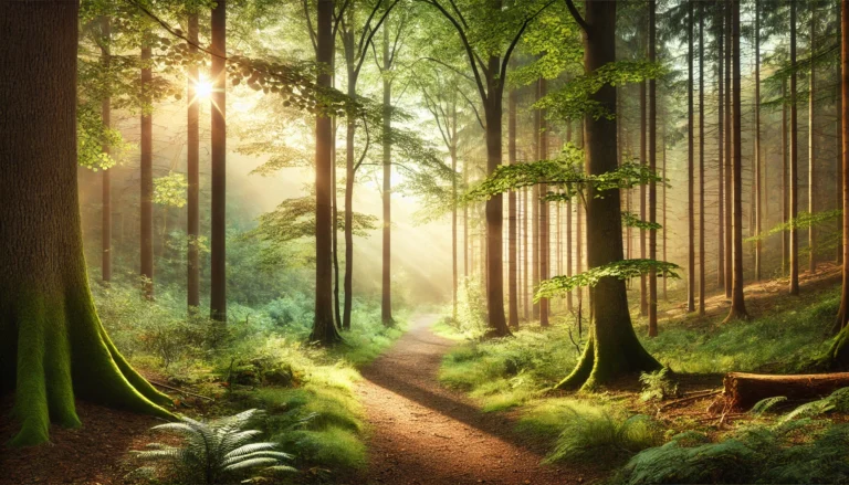 Serene forest path with soft sunlight filtering through trees, symbolizing natural therapy and mental clarity
